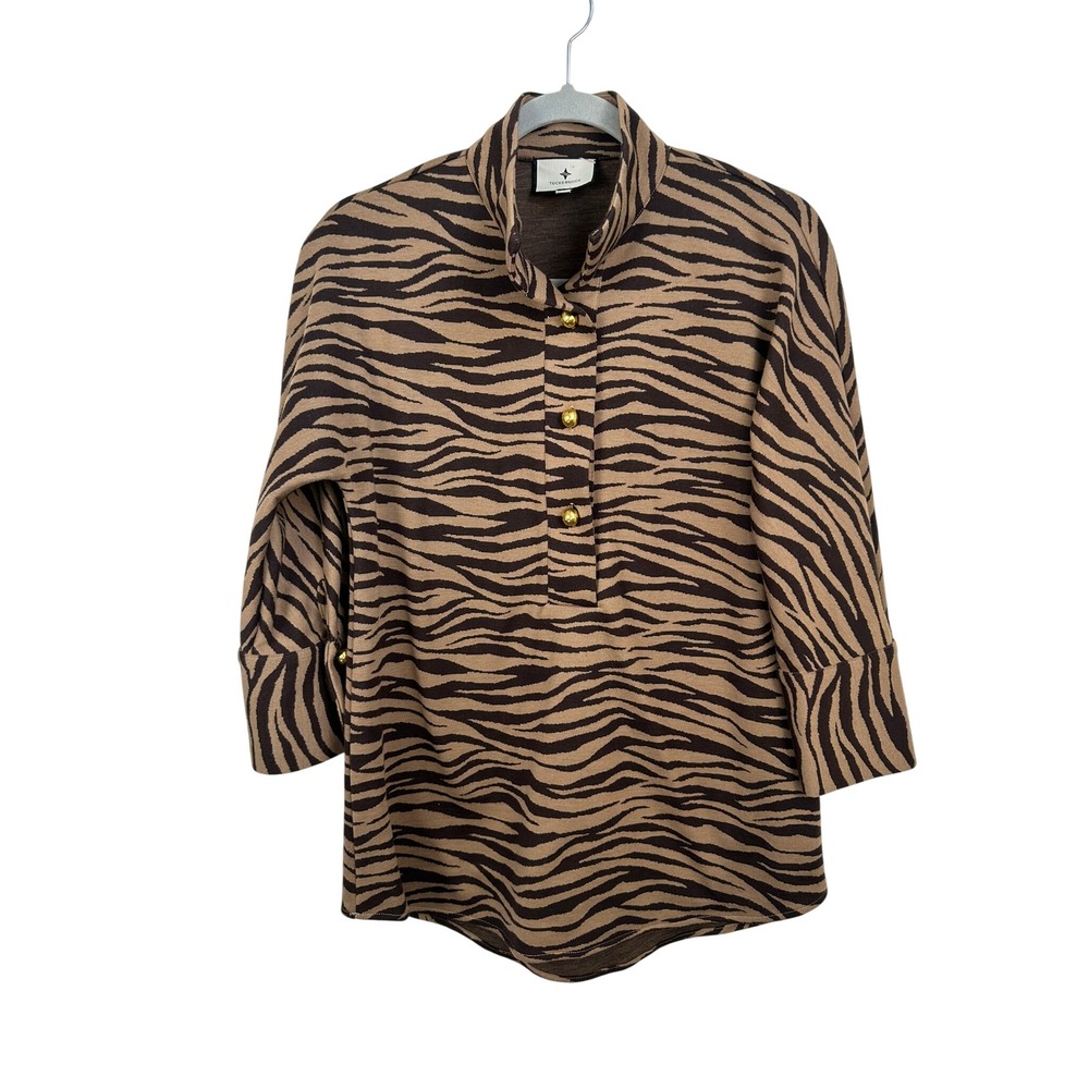 Tuckernuck Tunic Women XXS Brown Zebra Very Good Gold Button 3/4 Sleeve Knit